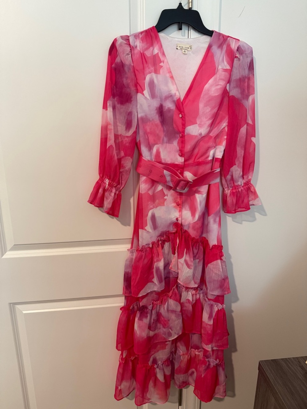 Boutique Pink Floral Ruffle Midi Dress